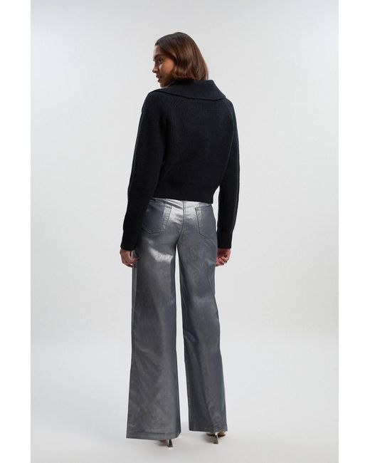 Karen Millen Blue Metallic Coated Denim Wide Leg Jeans