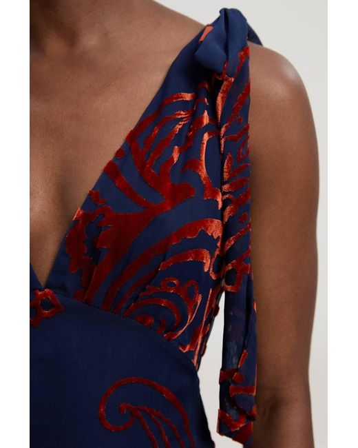 Karen Millen Blue Paisley Devore Plunge Woven Midi Dress