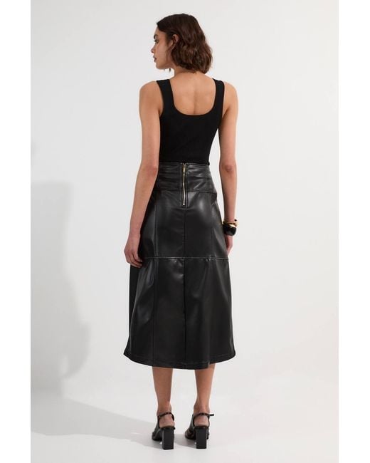Karen Millen Black Faux Leather Tie Detail Wrap Midi Skirt