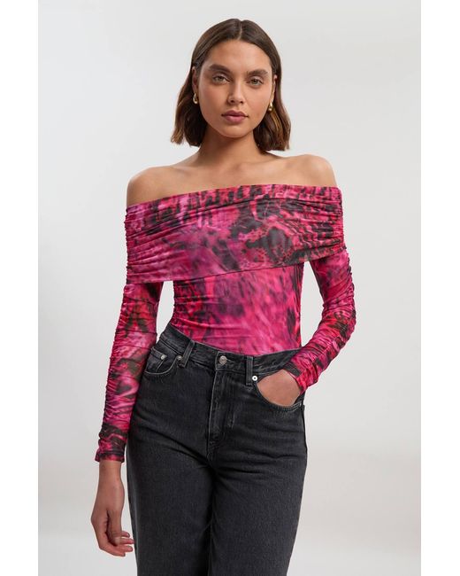 Karen Millen Red Animal Print Off The Shoulder Ruched Bodysuit