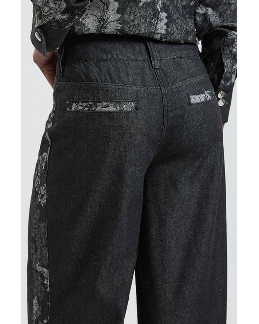 Karen Millen Blue Denim & Jacquard Contrast Wide Leg Jeans