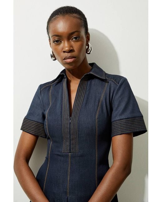 Karen Millen Blue Tailored Denim Full Skirted Midi Shirt Dress