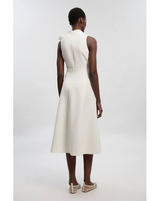 Karen Millen White Compact Stretch Bow Tie Neck Full Skirted Midi Dress