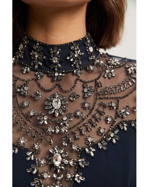 Karen Millen Blue Premium Crystal Embellished Woven Maxi Dress