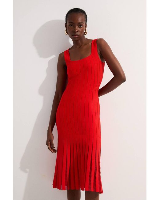 Karen Millen Red Compact Stretch Square Neck Knitted Flippy Dress