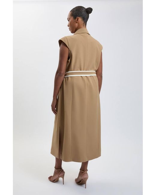 Karen Millen Natural Plus Size Double Breasted Belted Tipped Tailored Midi Dress