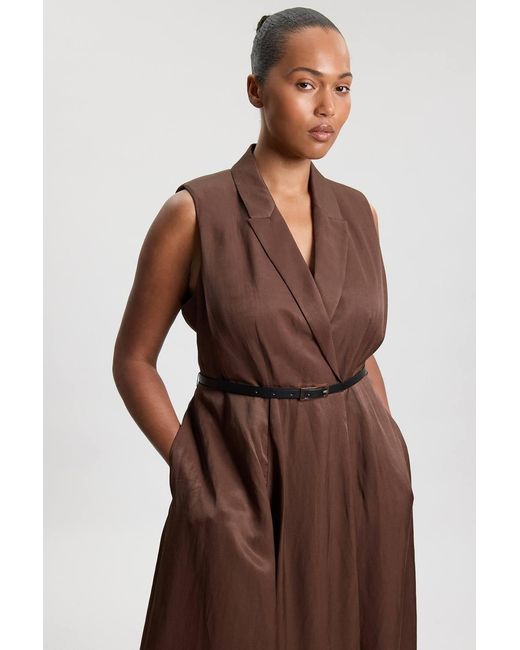 Karen Millen Brown Plus Size Premium Viscose Linen Tailored Belted Full Skirted Midi Dress