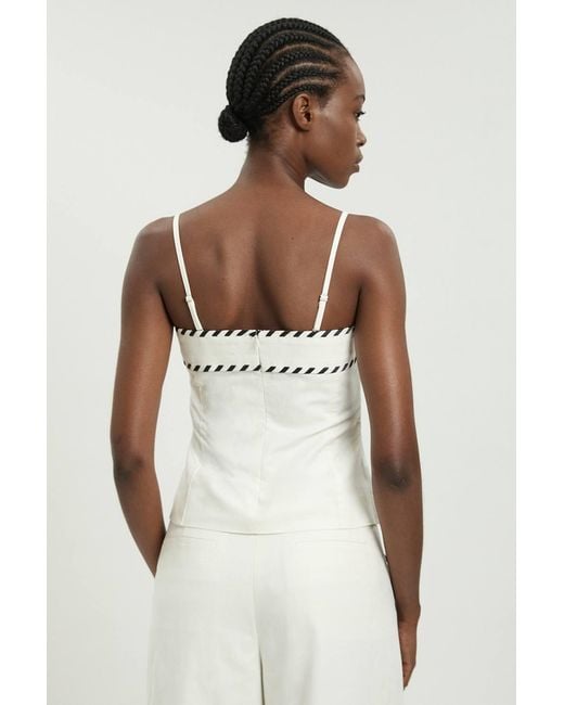 Karen Millen White Petite Tailored Linen Blend Contrast Stitch Top