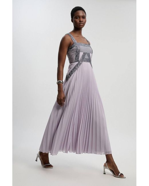 Karen Millen Purple Embellished Pleated Woven Maxi Dress