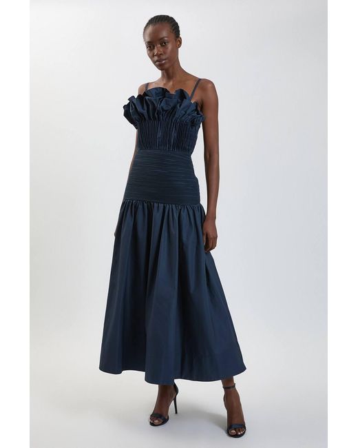 Karen Millen Blue Taffeta Ruffle Detail Midi Dress