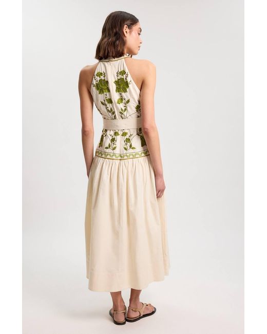 Karen Millen Natural Rose Embroidered Cotton Twill Woven Maxi Dress