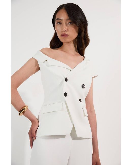 Karen Millen White Compact Stretch Asymmetric Collar Wide Leg Tailored Jumpsuit