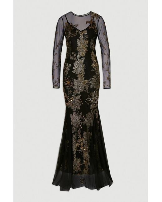 Karen Millen Black Floral Applique Embellished Metallic Georgette Woven Maxi Dress