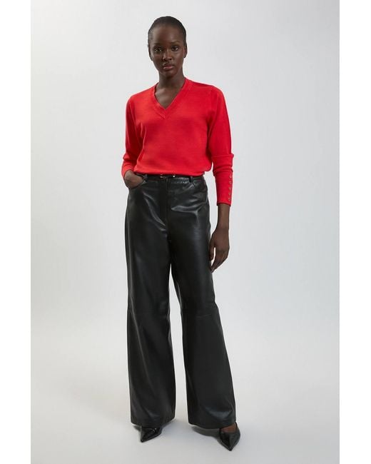 Karen Millen Red Forever Viscose Blend Knitted Stitch Detail V Neck Long Sleeve Jumper