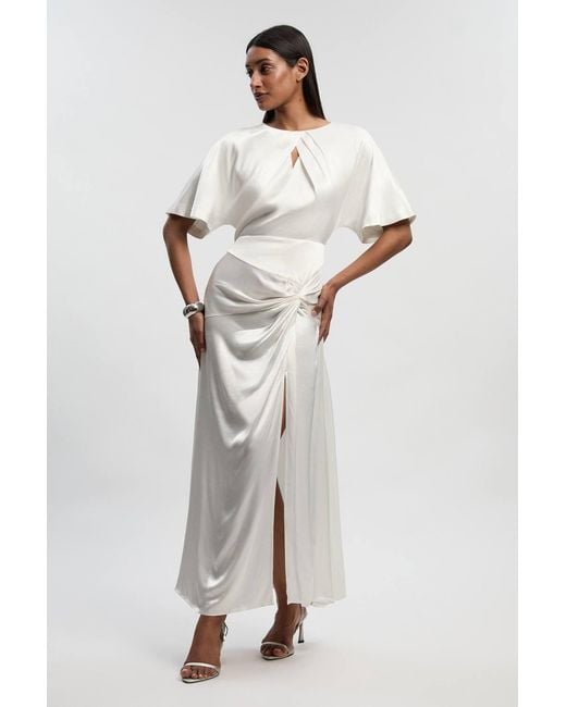 Karen Millen White Satin Back Crepe Twist Detail Woven Midaxi Dress