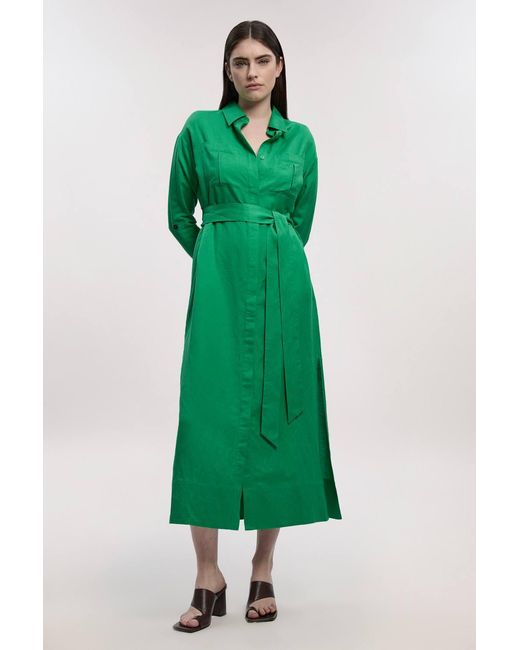 Karen Millen Green Viscose Linen Woven Belted Shirt Dress