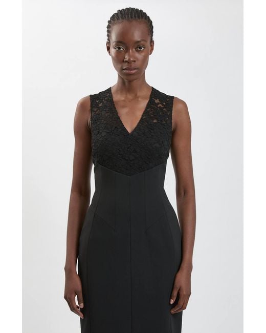 Karen Millen Black Compact Stretch Lace Detail Midi Dress