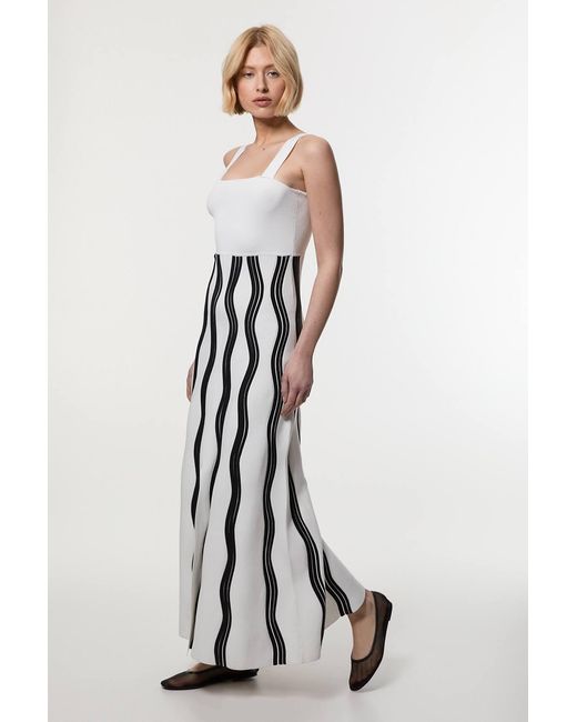 Karen Millen White Contrast Wave Knit A-Line Knitted Strappy Dress