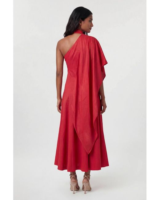 Karen Millen Premium Tailored Linen High Neck One Shoulder Full Midi Dress