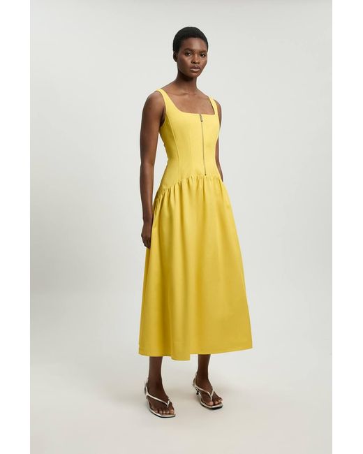 Karen Millen Yellow Tailored Cotton Sateen Full Midi Dress