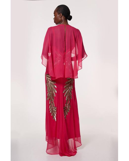 Karen Millen Red Feather Embellished Woven Cape Sleeve Maxi Dress