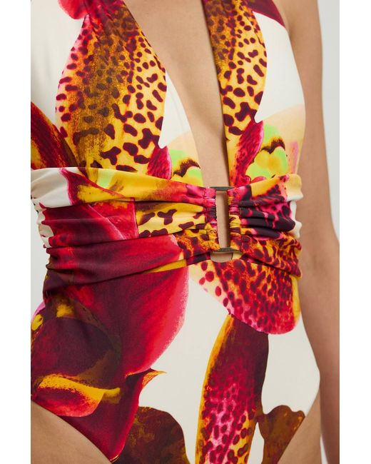 Karen Millen Red Orchid Print Plunge Swimsuit