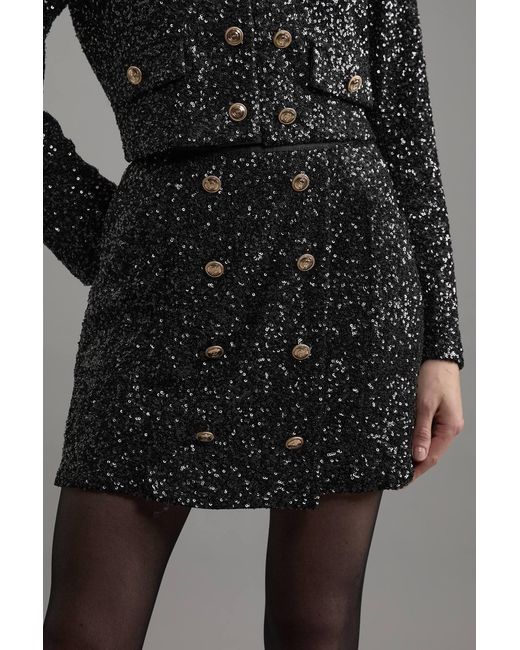 Karen Millen Black Sequin Tailored Wrap Over Mini Skirt