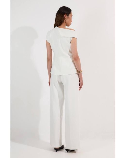Karen Millen White Compact Stretch Asymmetric Collar Wide Leg Tailored Jumpsuit