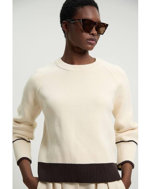 Karen Millen Natural Knit Cotton Contrast Tipped Crew Neck Jumper