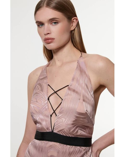 Karen Millen Pink Amelia Graham Burnout Lace Up Detail Woven Column Dress