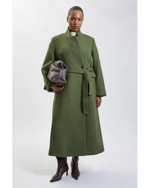 Karen Millen Green Plus Size Wool Investment Notch Neck Tailored Maxi Coat