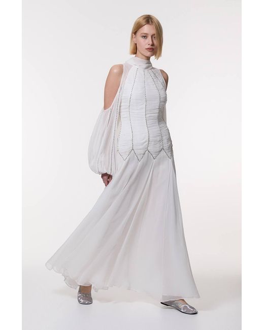 Karen Millen White High Neck Embellished Ruched Georgette Woven Maxi Dress