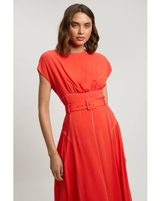 Karen Millen Red Contrast Topstitch Belted Midi Dress