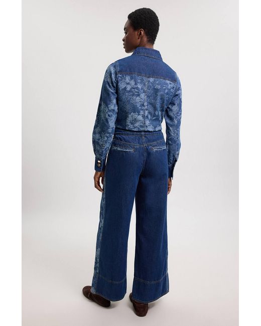 Karen Millen Blue Denim & Jacquard Contrast Wide Leg Jeans