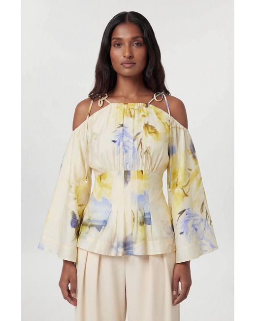 Karen Millen Natural Floral Off The Shoulder Shirred Woven Blouse