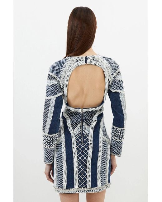 Karen Millen Blue Embellished Pearl Long Sleeve Mini Dress