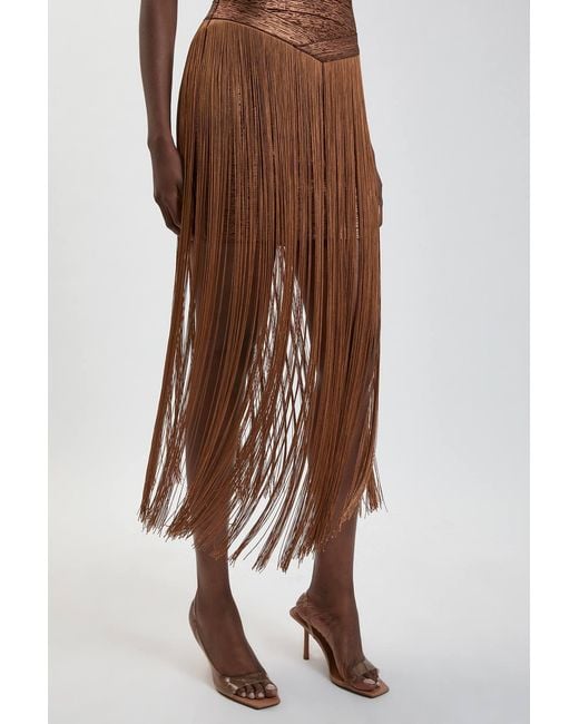 Karen Millen Brown Foil Metallic Figure Form Bandage Fringed Knit Maxi Dress