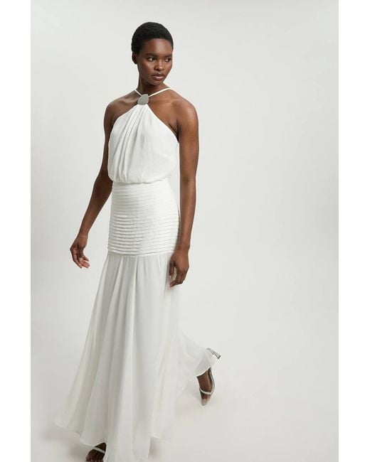 Karen Millen White Viscose Georgette Drop Hem Woven Halter Neck Maxi Dress
