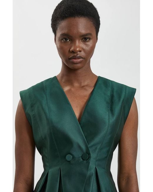 Karen Millen Green Structured Satin Peplum Midi Dress