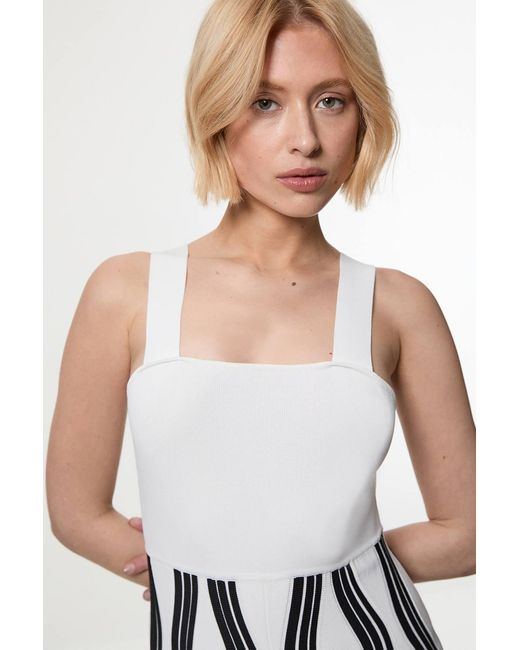 Karen Millen White Contrast Wave Knit A-Line Knitted Strappy Dress