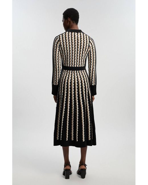 Karen Millen Natural Knit Pointelle Contrast Collared Midi Dress