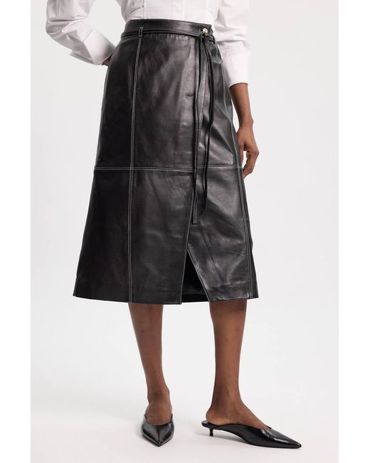 Karen Millen White Leather Tie Up Belted Midi Skirt