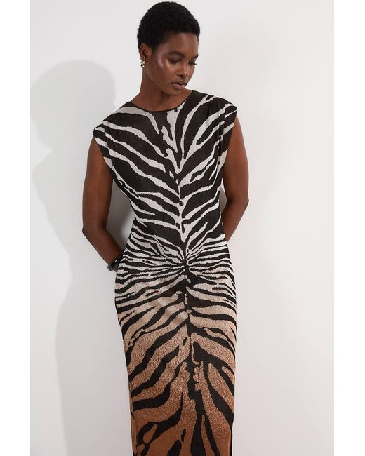 Karen Millen Brown Jacquard Zebra Print Slinky Maxi Dress