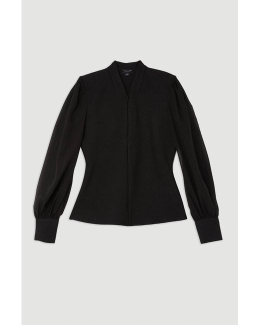 Karen Millen Black Bandage Figure Form Zip Detail Chiffon Sleeve Knit Top