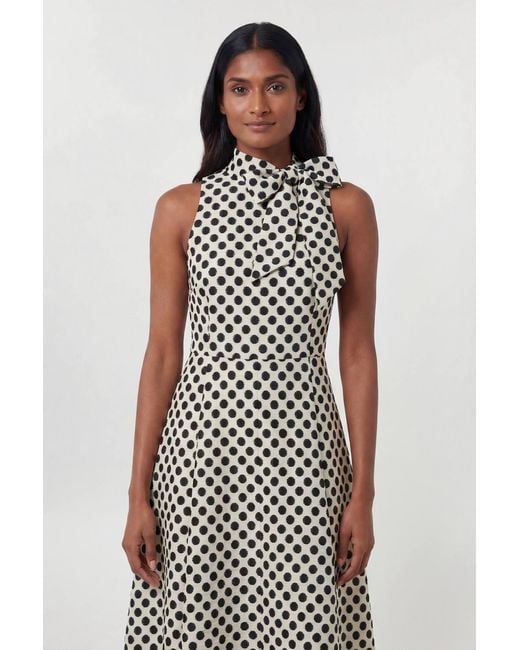 Karen Millen White Spot Jacquard Tailored Bow Neck Full Skirted Midi Dress