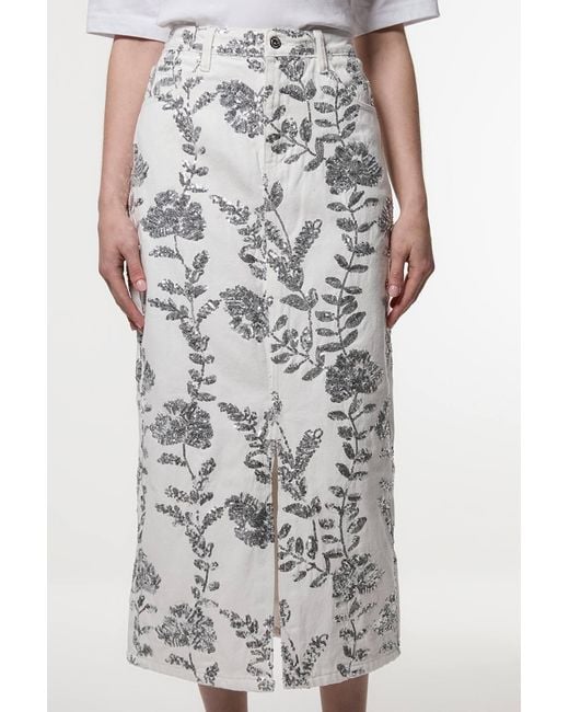 Karen Millen White Denim All Over Floral Sequin Skirt