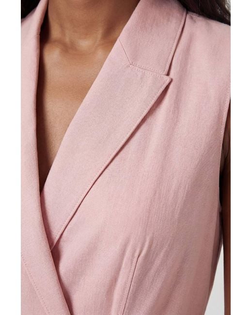 Karen Millen Pink Premium Viscose Linen Tailored Belted Full Skirted Midi Dress