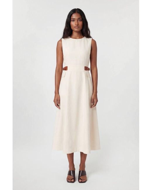 Karen Millen Natural Tailored Linen Tab Waist Detail Full Skirt Midi Dress