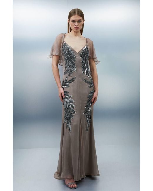 Karen Millen Gray Petite Feather Embellished Woven Cape Sleeve Maxi Dress