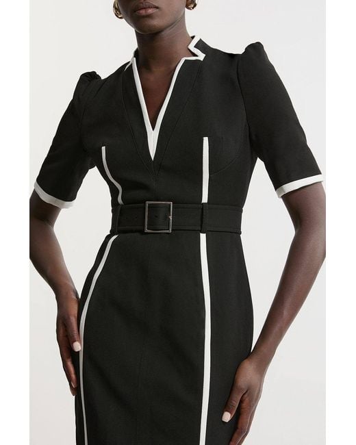 Karen Millen Black Compact Stretch Contrast Tipped Forever Belted Tailored Midi Dress